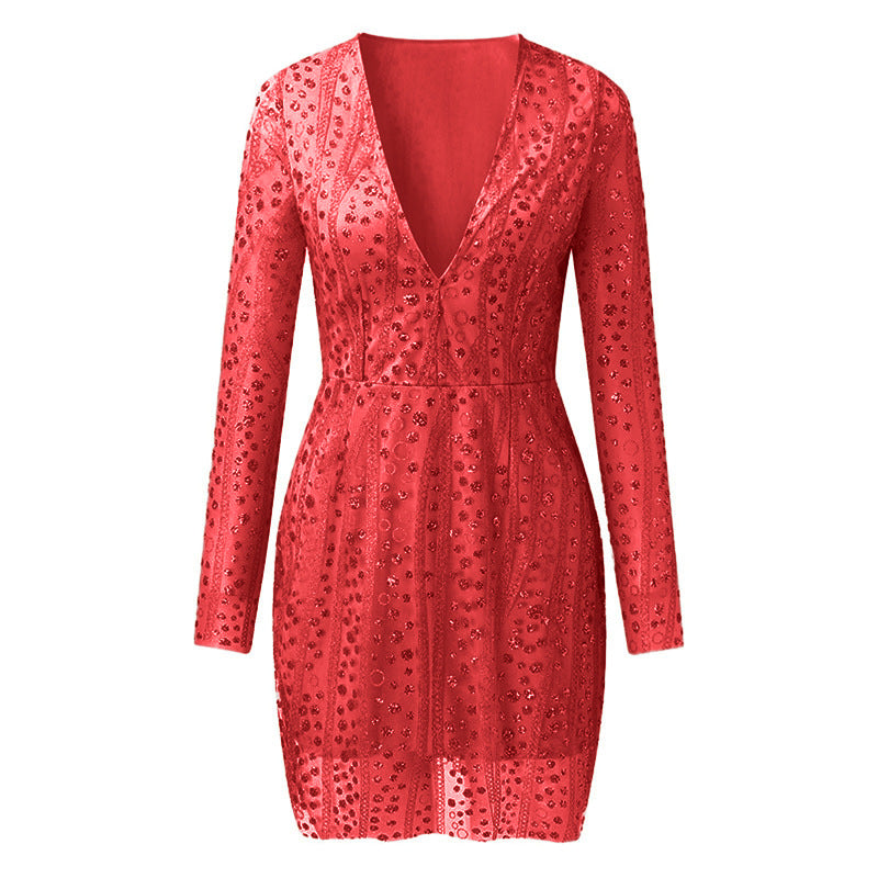 Deep V long sleeve sequin dress