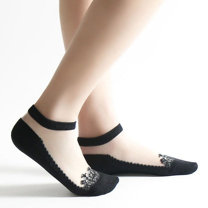 Thin Sheer Lace-trimmed Crystal Jacquard Ankle Socks
