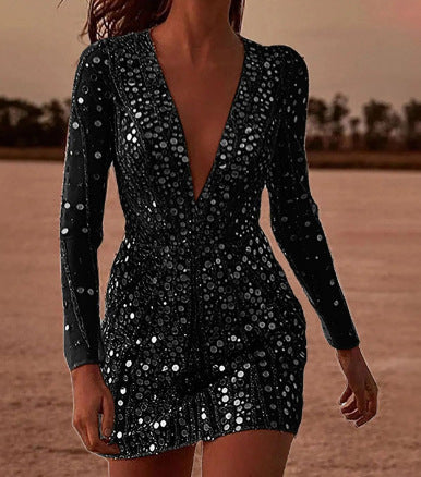 Deep V long sleeve sequin dress