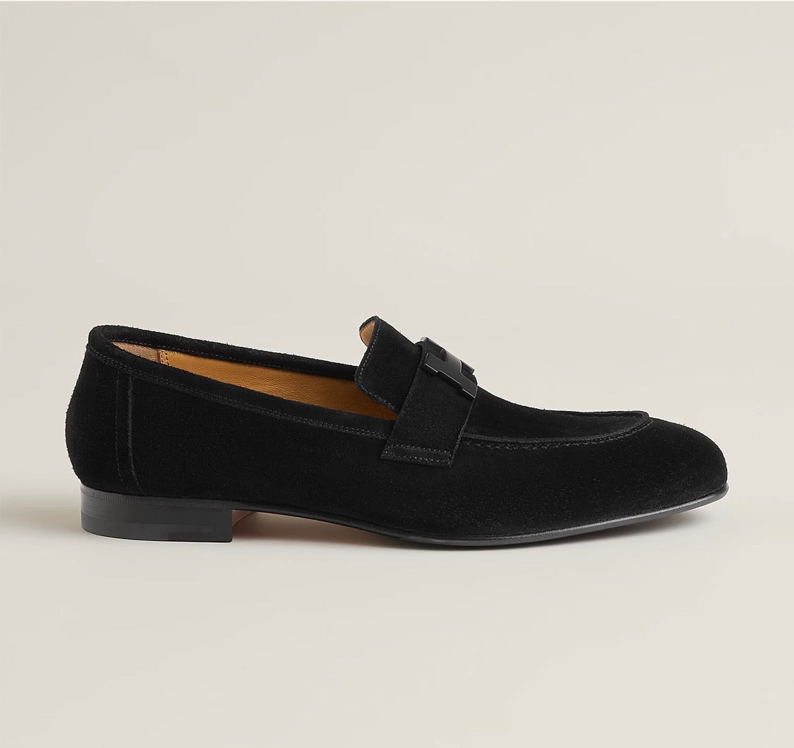HERMES DRESSING SHOES orange leather sole with black rubber inserts black leather edge