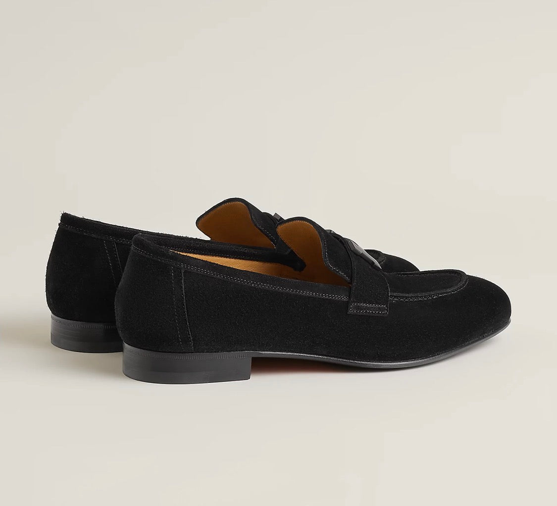 HERMES DRESSING SHOES orange leather sole with black rubber inserts black leather edge