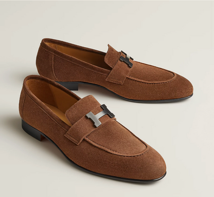 HERMES DRESSING SHOES orange leather sole with black rubber inserts black leather edge