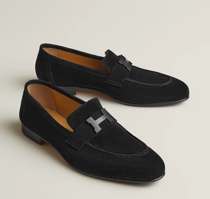 HERMES DRESSING SHOES orange leather sole with black rubber inserts black leather edge