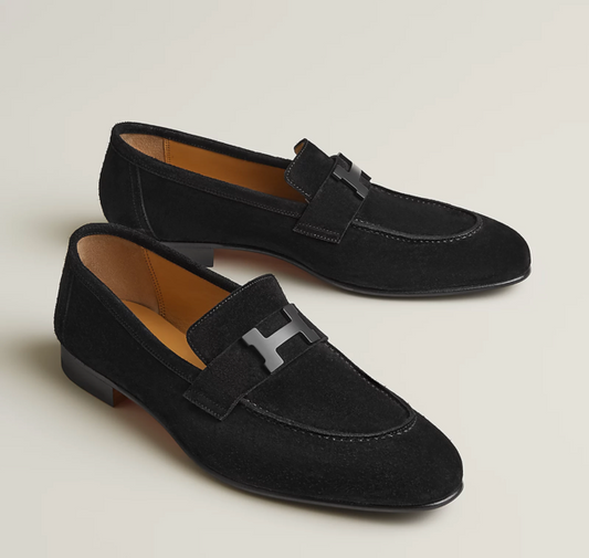 HERMES DRESSING SHOES orange leather sole with black rubber inserts black leather edge
