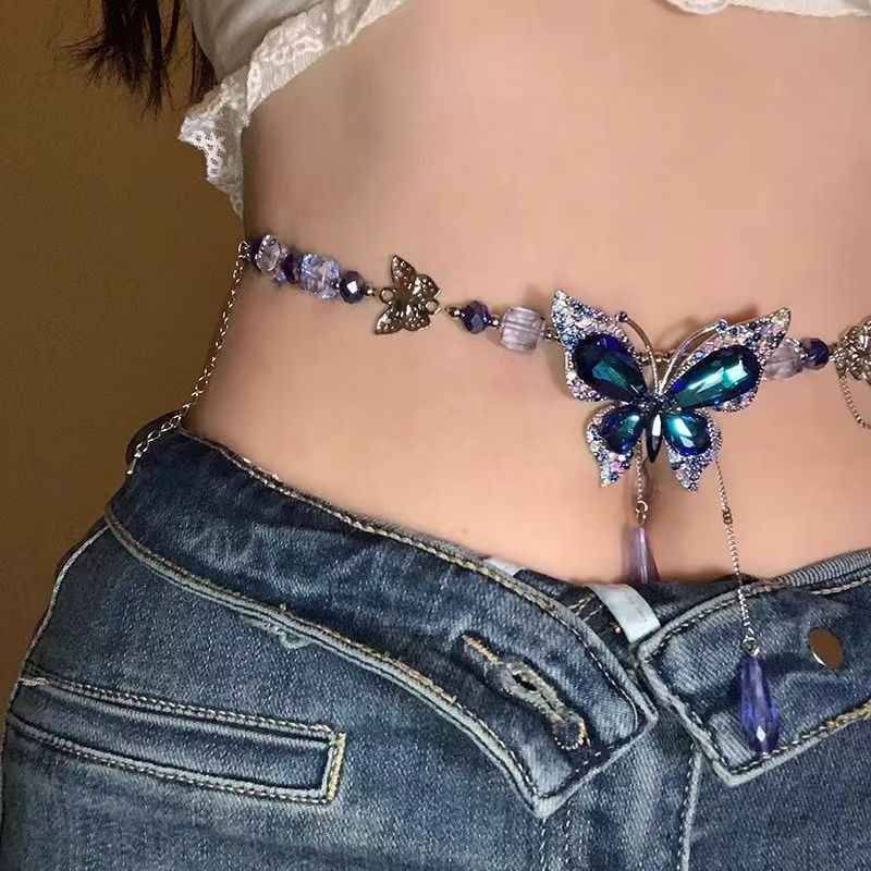 Womens Dark Blue Waterdrop Tassel Butterfly Waist Chain