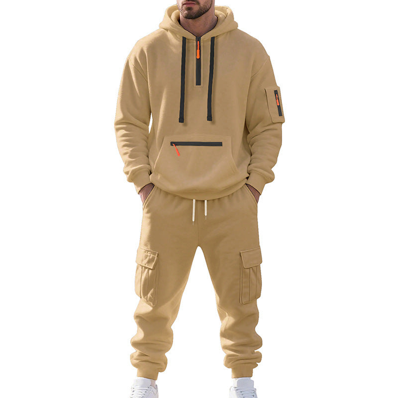 Men's Loose Sports And Leisure Suit Sweater Fleece-lined Hoodie Set Zipper Multi-Pocket Pullover Men's Sports Casual Top Two-piece Set