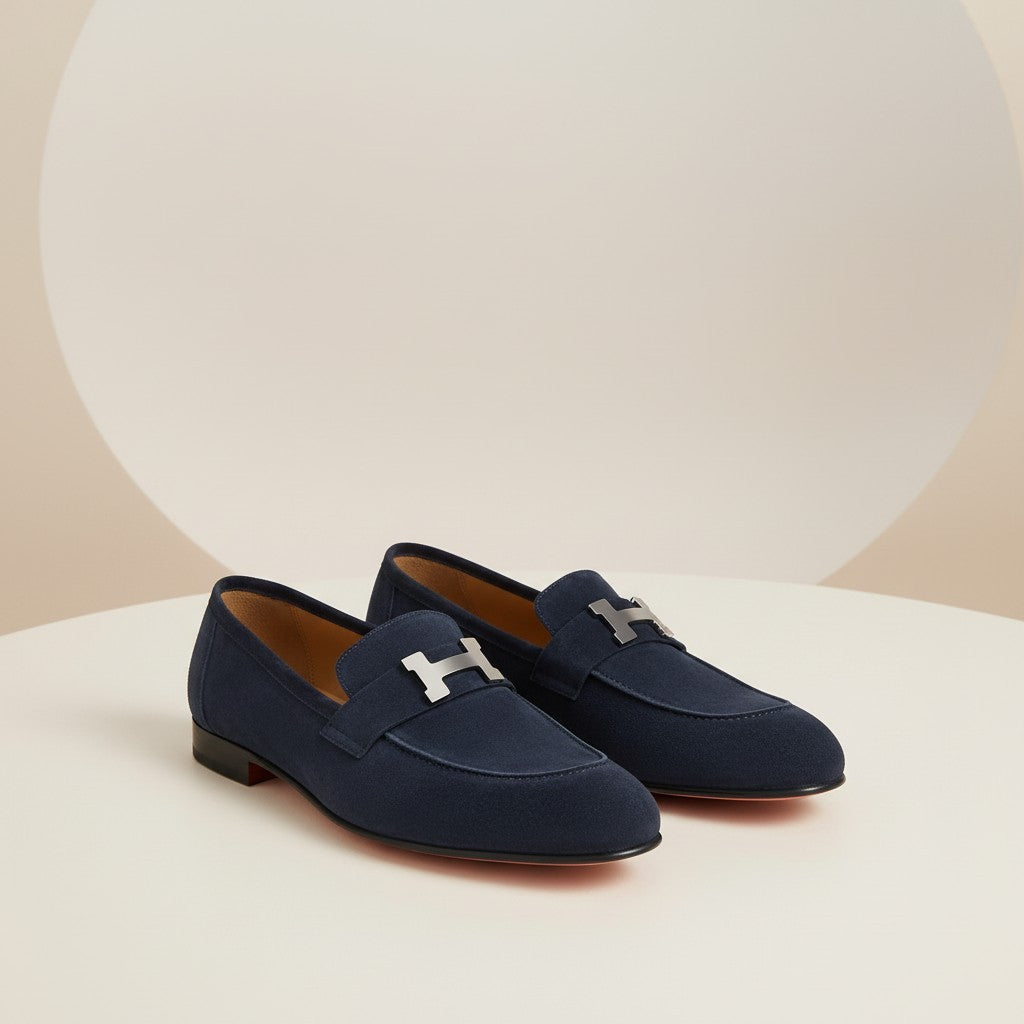 HERMES DRESSING SHOES orange leather sole with black rubber inserts black leather edge